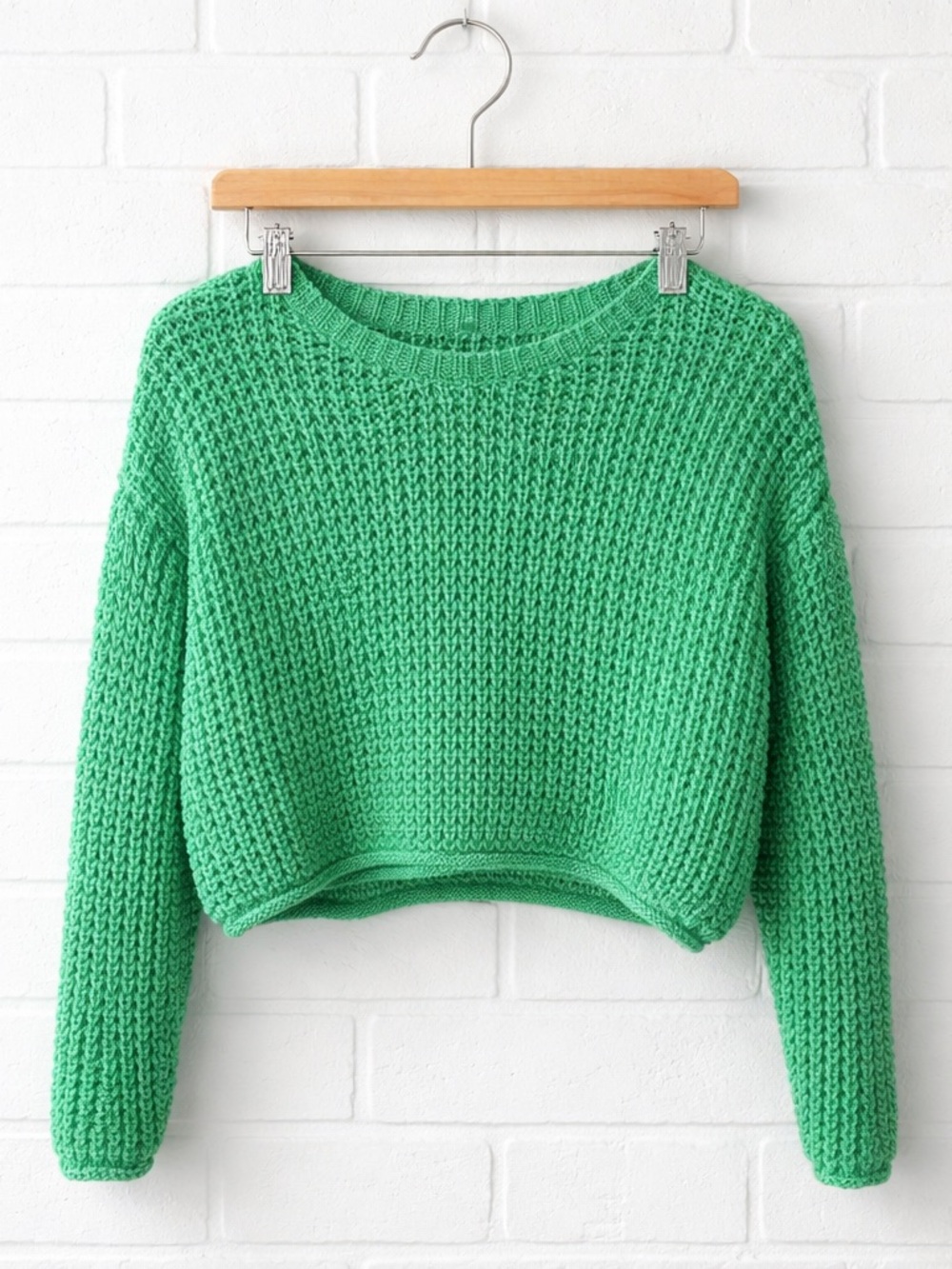 AQUA Cropped Chunky Open Knit Sweater XS Summer Soft Girl Kelly Green Minimalist